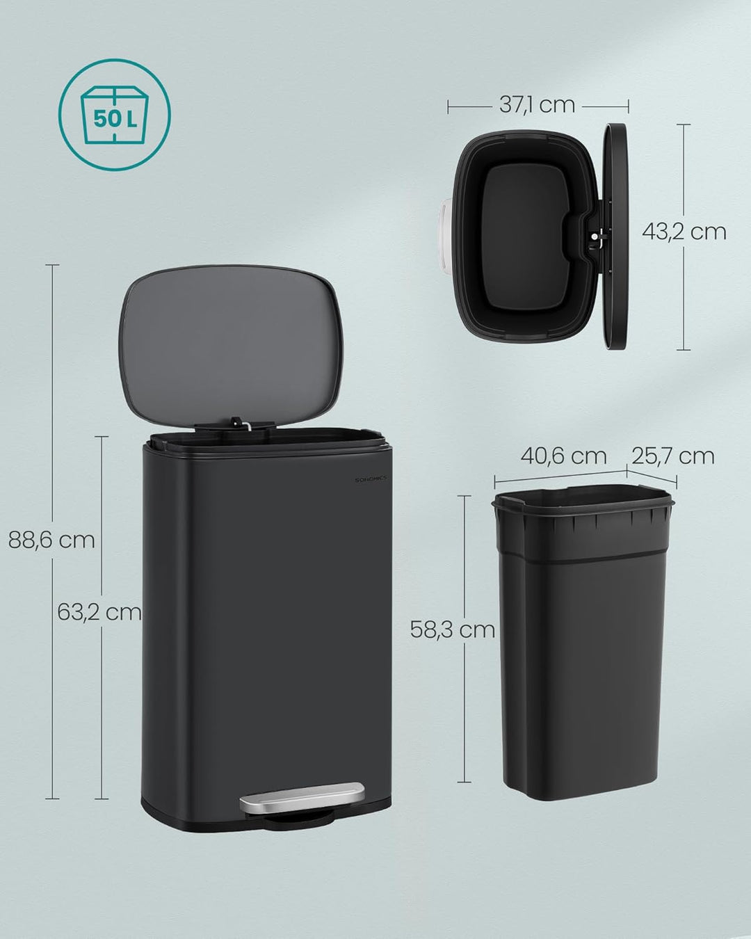 SONGMICS Mülleimer Küche, 50 Liter, Abfalleimer, Treteimer, mit Deckel, Softclose, Fusspedal, Stahl,