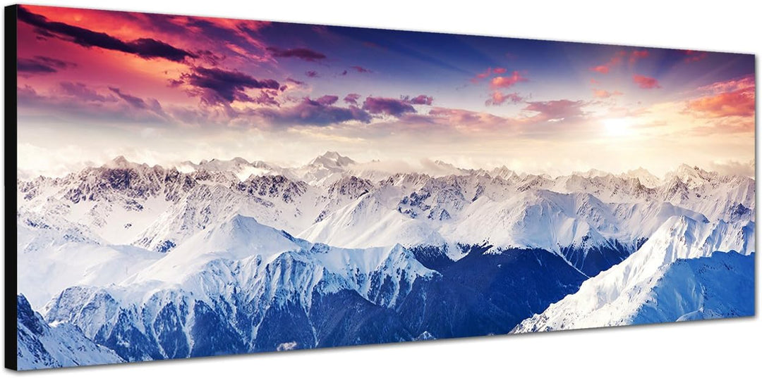 Paul Sinus Art Panoramabild auf Leinwand und Keilrahmen 120x40cm Berge Gebirge Schnee Nebel Abendrot
