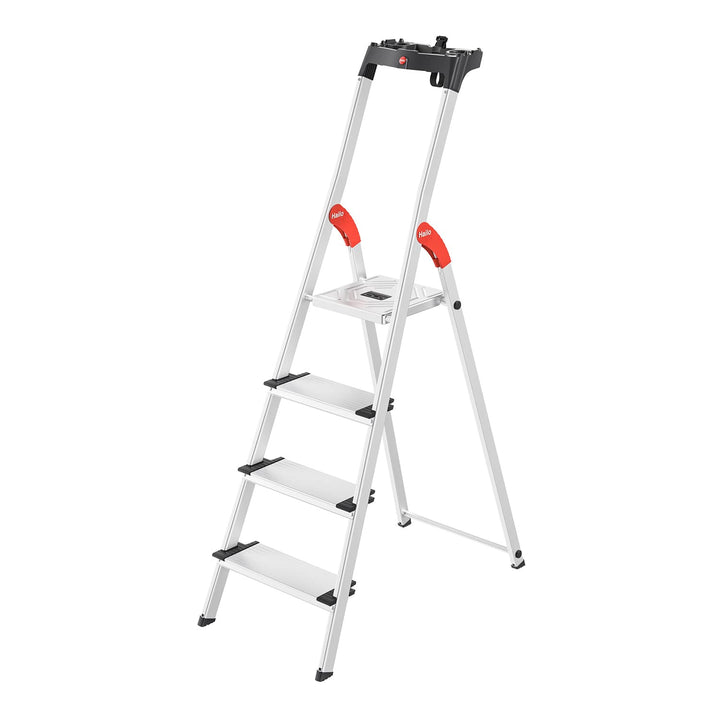 Hailo Stehleiter ComfortLine, 4 XXL-Stufen bis 150 kg, kleine Leiter aus Aluminium mit Ablage & tief