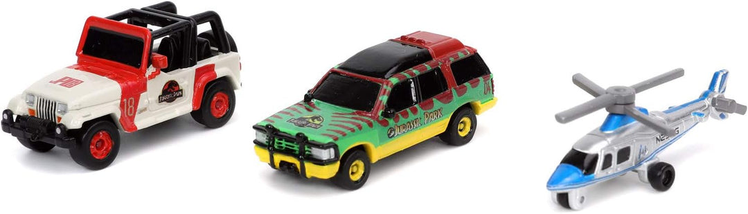 Jada Toys 253251012 Jurassic Park 3er Set A Nano Sammelautos, 1993 Ford Explorer, Jeep Wrangler 12,