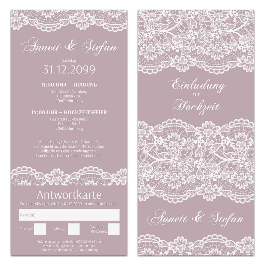 Kartenmachen.de Personalisierte Hochzeitseinladungen mit Antwortkarte (ab 10 Stück) - Spitze in Lila