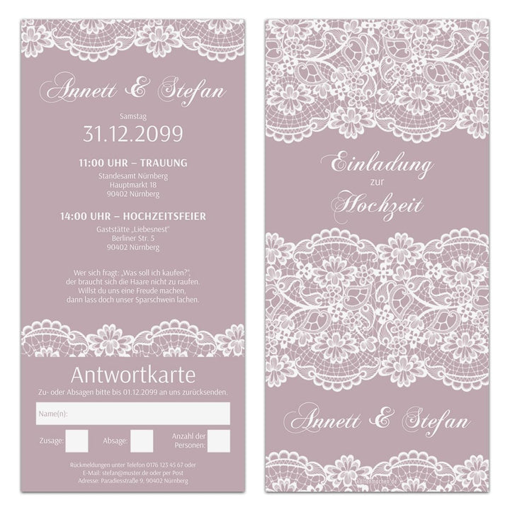 Kartenmachen.de Personalisierte Hochzeitseinladungen mit Antwortkarte (ab 10 Stück) - Spitze in Lila