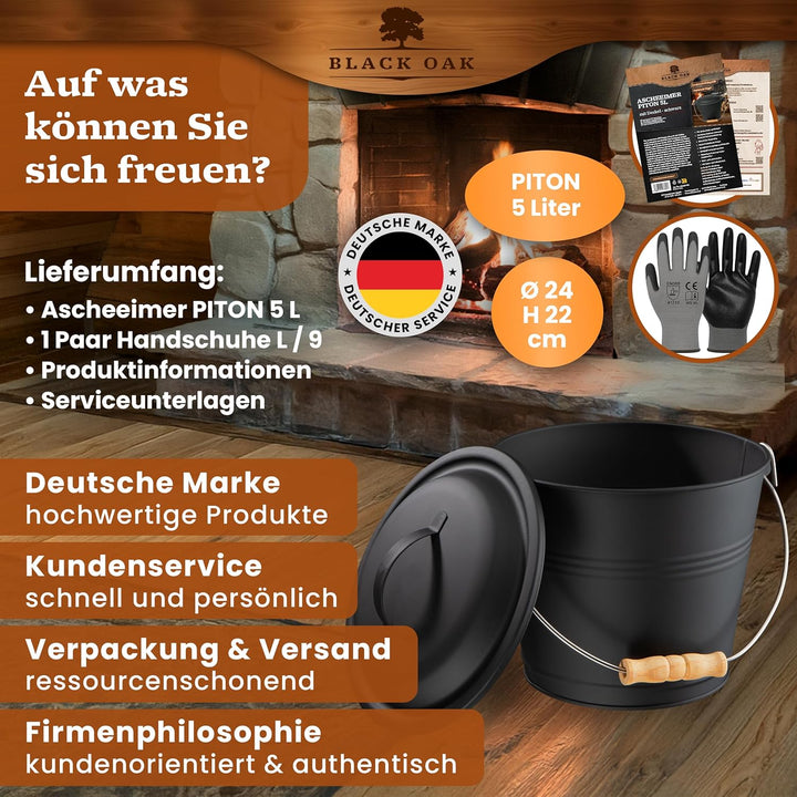 BLACK OAK Ascheeimer PITON 5L - schwarz mit Deckel & Holz-Griff + Handschuhen - 5L gross Stahl feuer