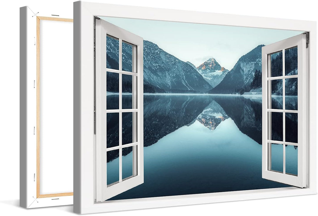 PICANOVA – Bild auf Leinwand Bergsee Plansee Fenster 120x80cm Leinwandbild – Premium Leinwanddruck –