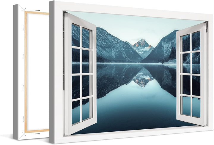PICANOVA – Bild auf Leinwand Bergsee Plansee Fenster 120x80cm Leinwandbild – Premium Leinwanddruck –