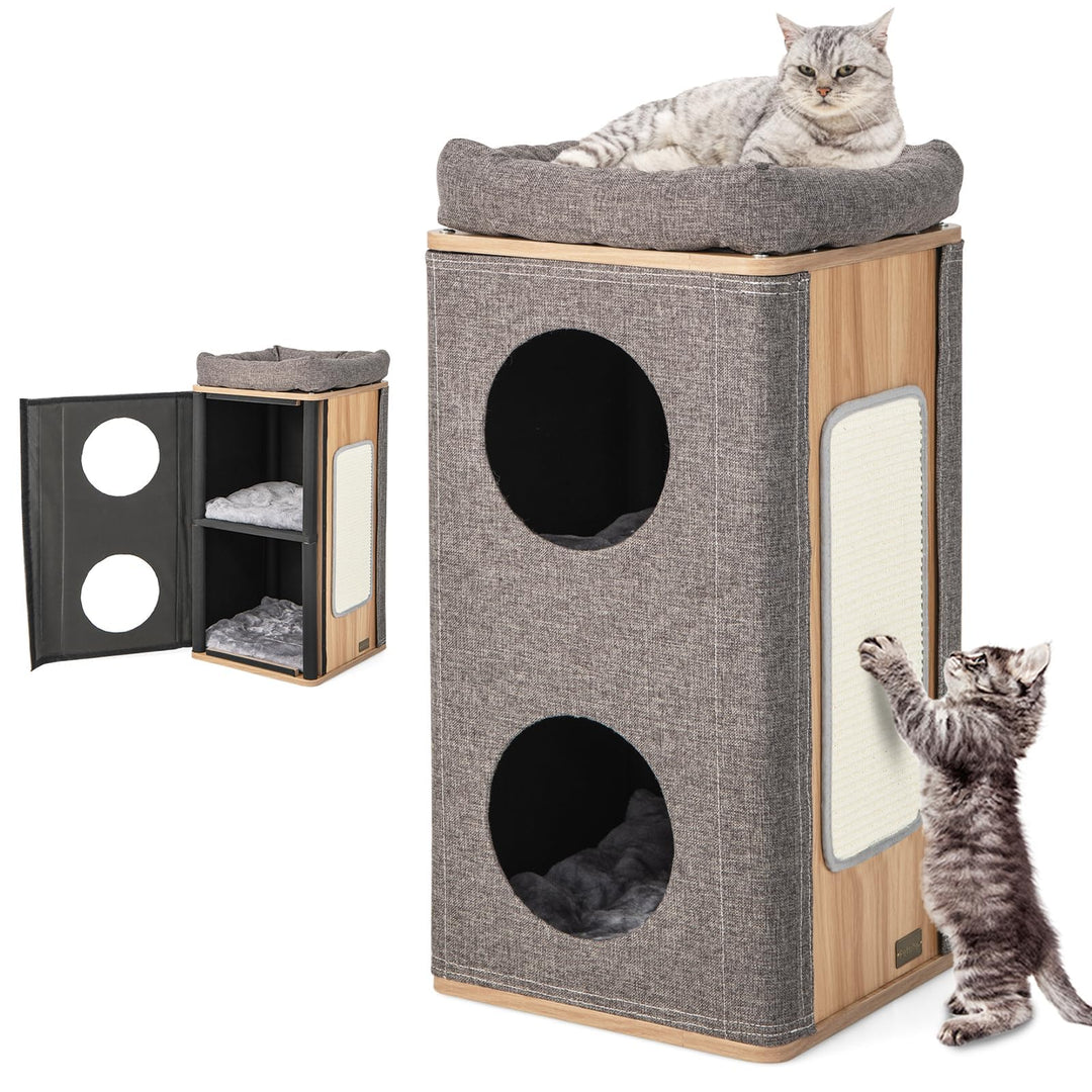 COSTWAY 3-stöckige Kratztonne Katzentonne, Kratzbaum mit Kratzbrett &amp; 3 Matten, Spieltonne für Katze
