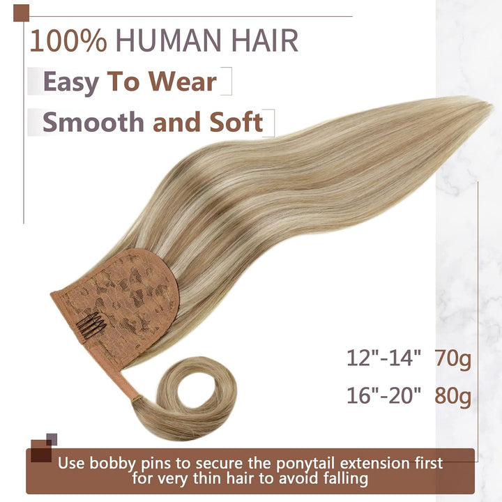 RUNATURE Ponytail Echthaar Blond Highlight 30cm Natürliche Clip in Extensions Echthaar Zopf Blond Un