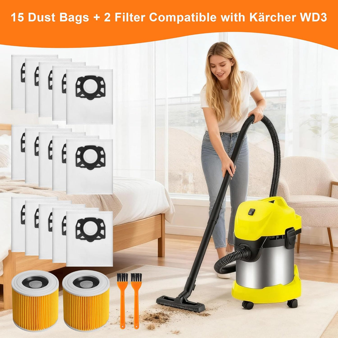 15 Stück für Kärcher KFI 357 Staubsaugerbeutel + 2 Filter+2 Filterbürste Ersatz für Kärcher WD2 Plus