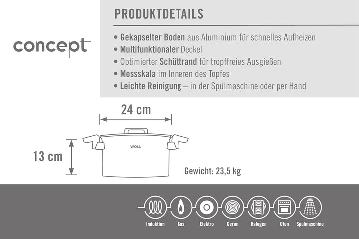 Woll Concept Kochtopf mit Deckel - Induktiv -, Ø 24 cm, 13 cm hoch, 5,8l - Geeignet für alle Herdart