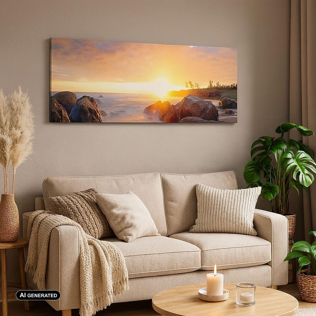 Wandbilder Dekoration Wohnzimmer Meer Strand Felsen Panorama Bilder auf Leinwand 120x50cm Leinwandbi