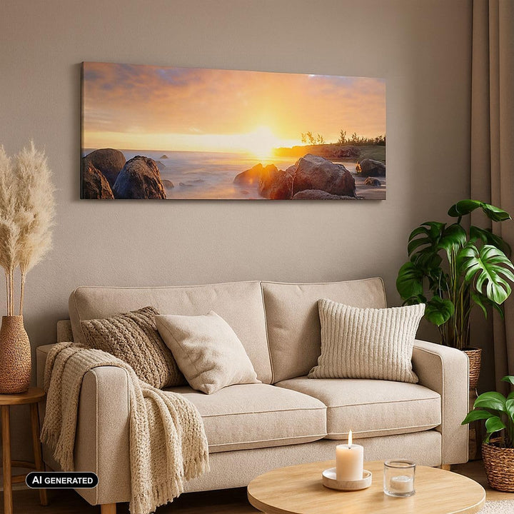Wandbilder Dekoration Wohnzimmer Meer Strand Felsen Panorama Bilder auf Leinwand 120x50cm Leinwandbi