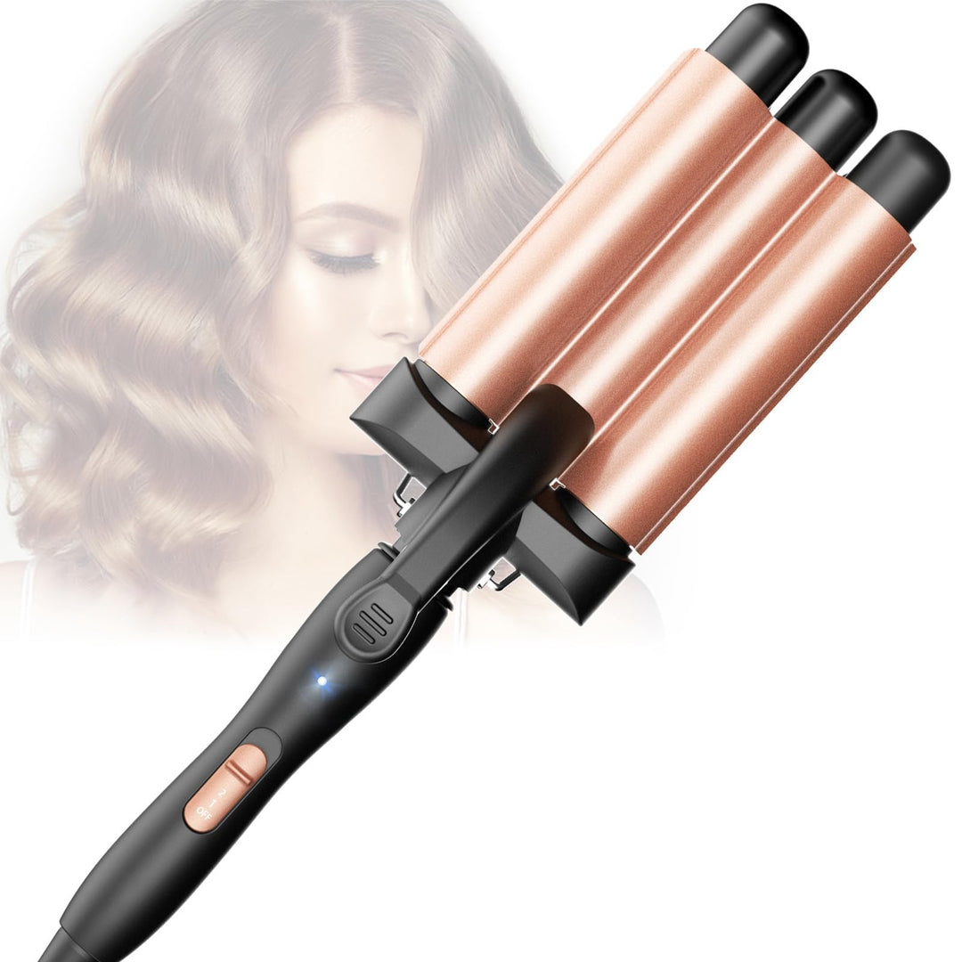 Lockenstab 3 Fässer, Beach Waves Welleneisen mit einstellbarer Temperatur, PTC Schnellheizung Schnel