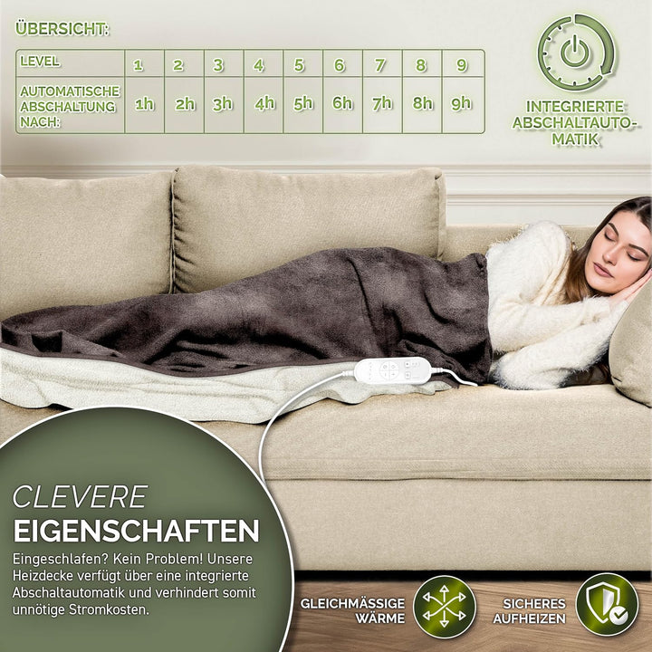 sinnlein® Heizdecke mit Abschaltautomatik 200 x 180 cm | Elektrische Wärmedecke mit 9 Temperaturstuf