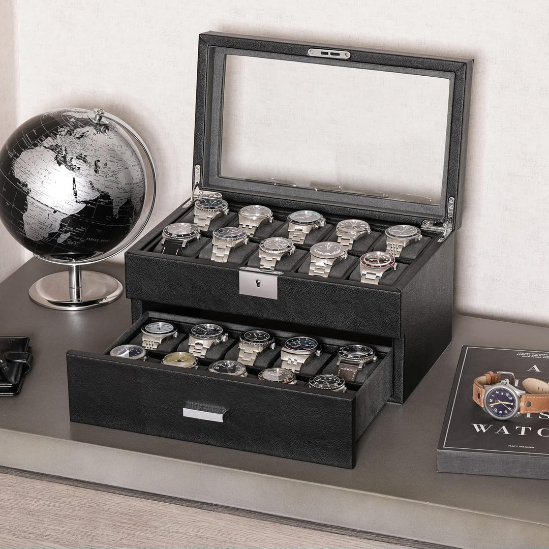 ROTHWELL Uhrenbox aus Leder mit 20 Fächern, luxuriöses Uhrengehäuse, Schmuck-Organizer, verschliessb