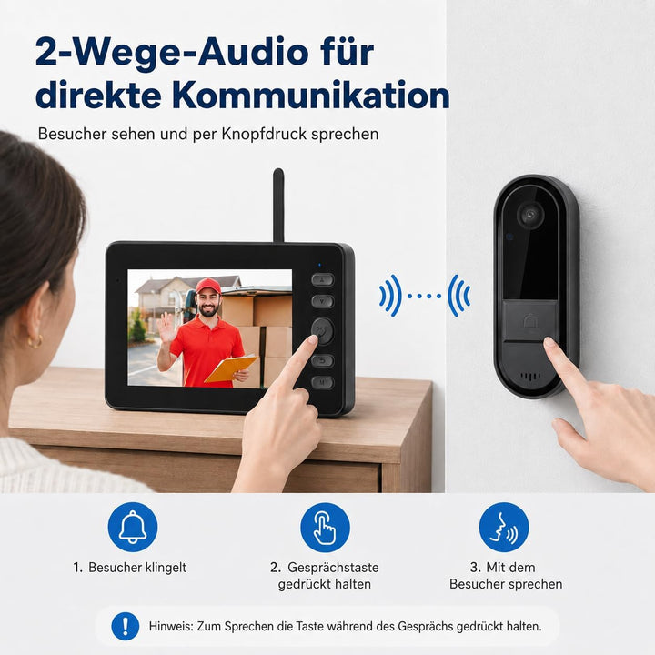 Funkklingel mit Kamera, Kabellose Video Türklingel mit 4,3" IPS Monitor, ohne WLAN & App, Türsprecha