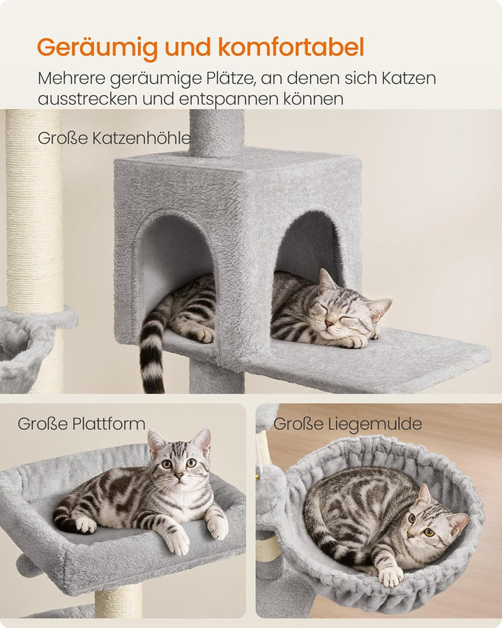 Feandrea Kratzbaum gross, 174 cm hoher Katzenbaum, mit grosser Plattform, Doppelhöhle, Taubengrau PC