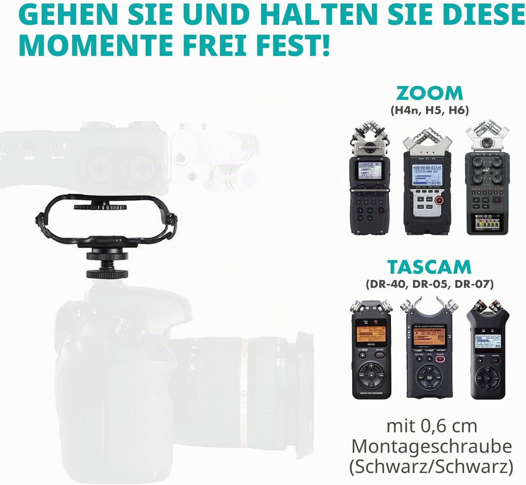 Movo SMM5-B Universal-Mikrofon und tragbare Recorder-Stossdämpferhalterung – passend für Zoom H1n, H