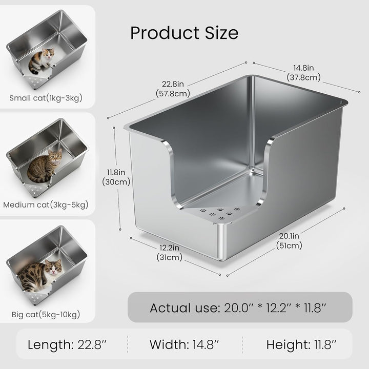 PTLOM Lebensmittelechtes Katzenklo Edelstahl XXL Katzentoilette 30CM hohe Seiten,Ecköffnung, mit Räd