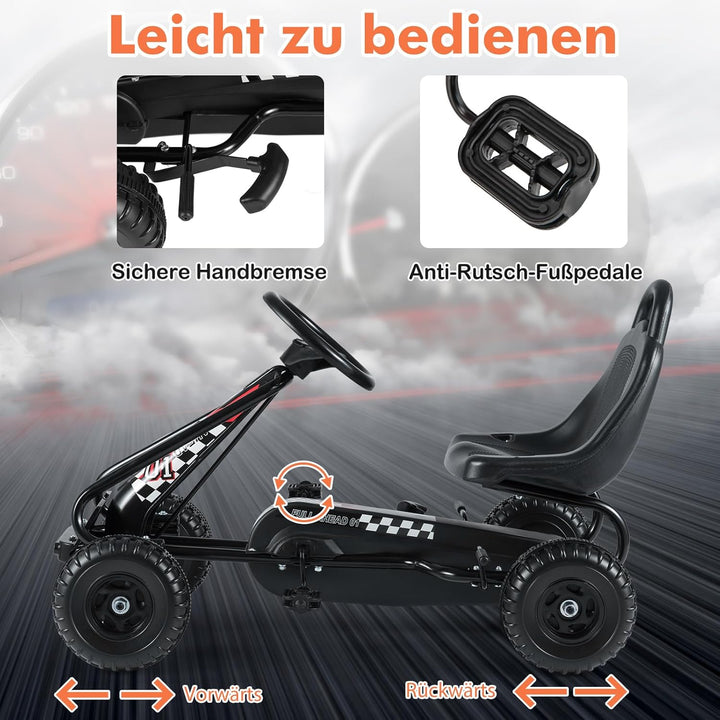 GOPLUS Gokart mit verstellbarem Sitz, Tretauto mit Handbremse und geschlossener Kettenabdeckung, Vor