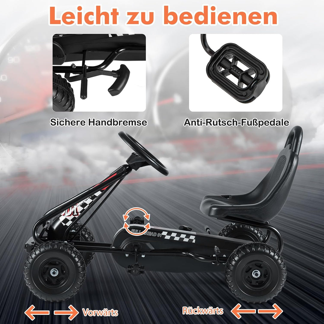 COSTWAY Gokart mit verstellbarem Sitz, Go Kart mit Handbremse, Tretauto bis 30 kg belastbar, Pedal G
