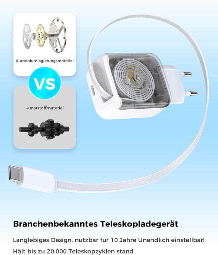 30W USB C Ladegerät, Schnellladegerät mit Einziehbares Ladekabel, GaN Ladestecker USBC PD 3.0 Power