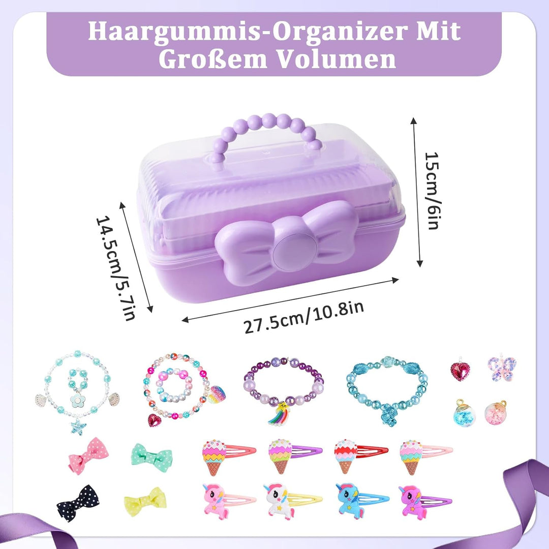 3 Etagen Schmuckbox Kinder, Haarschmuck Aufbewahrung Lila mit transparentem Deckel, 180 Grad Öffnung