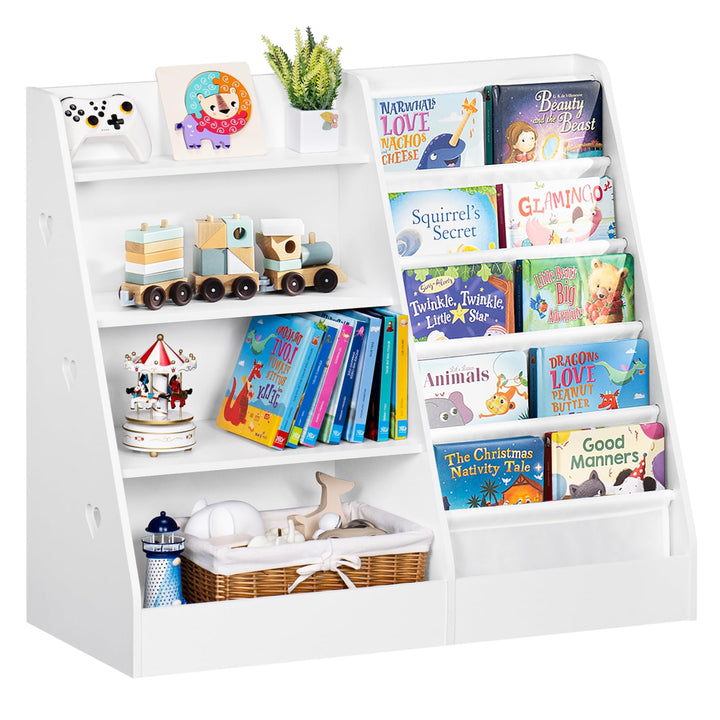 Kinder Bücherregal mit 5 Bücherdisplays und 4 Ablagefächer, Gross Weiss Kinderregal Büchergestell fü