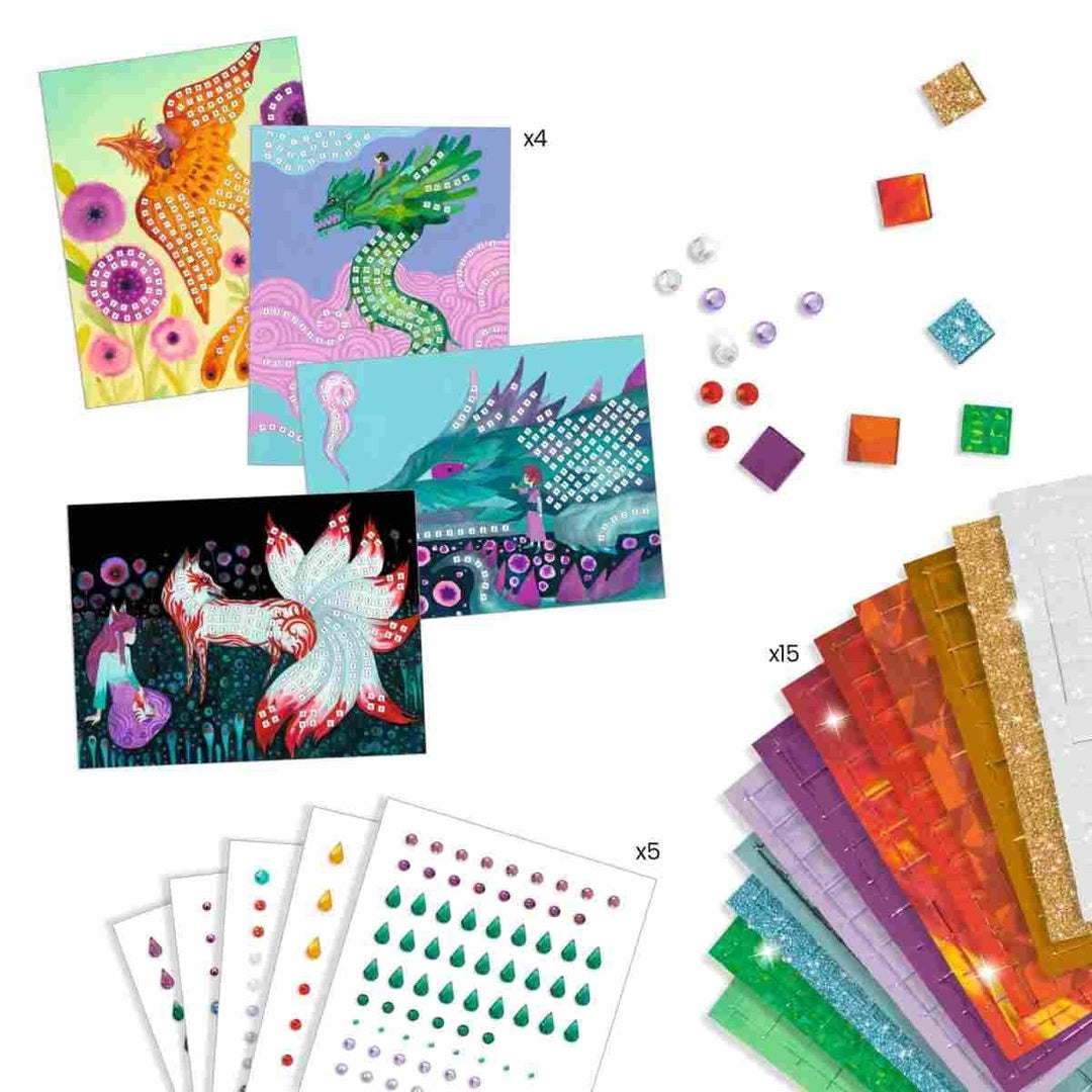 Djeco Mosaik Bastelset Fabelwesen für Kinder ab 6 Jahren | Kreatives DIY Set mit Glitzersteinen, Mos