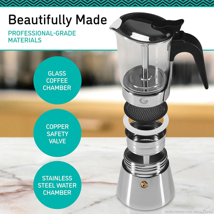 Coffee Gator Espressokocher Herdplatte 4 Tassen - 200 ML Edelstahl Moka-Kanne für Kräftigen Kaffee N