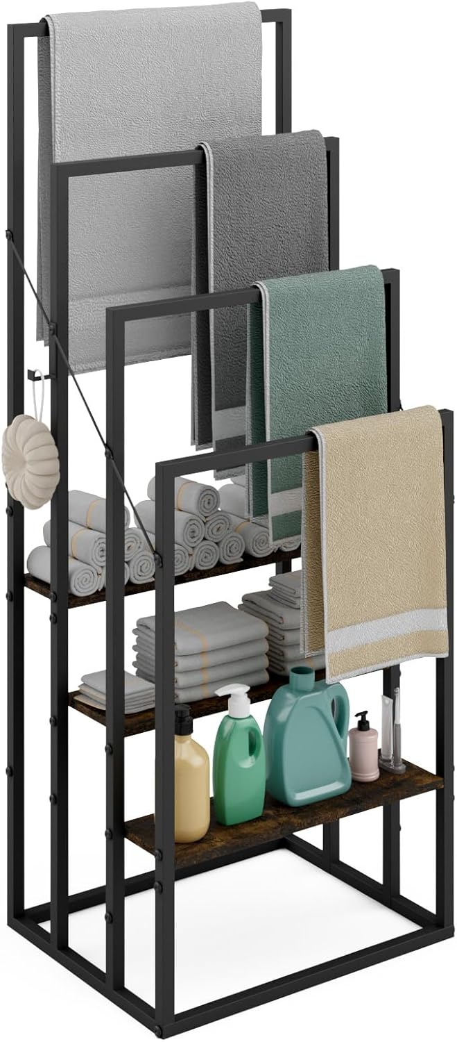 Handtuchständer, Handtuchhalter Stehend mit 4 Handtuchstangen, 3 Ablagen, 2 Haken, Freistehender Bad