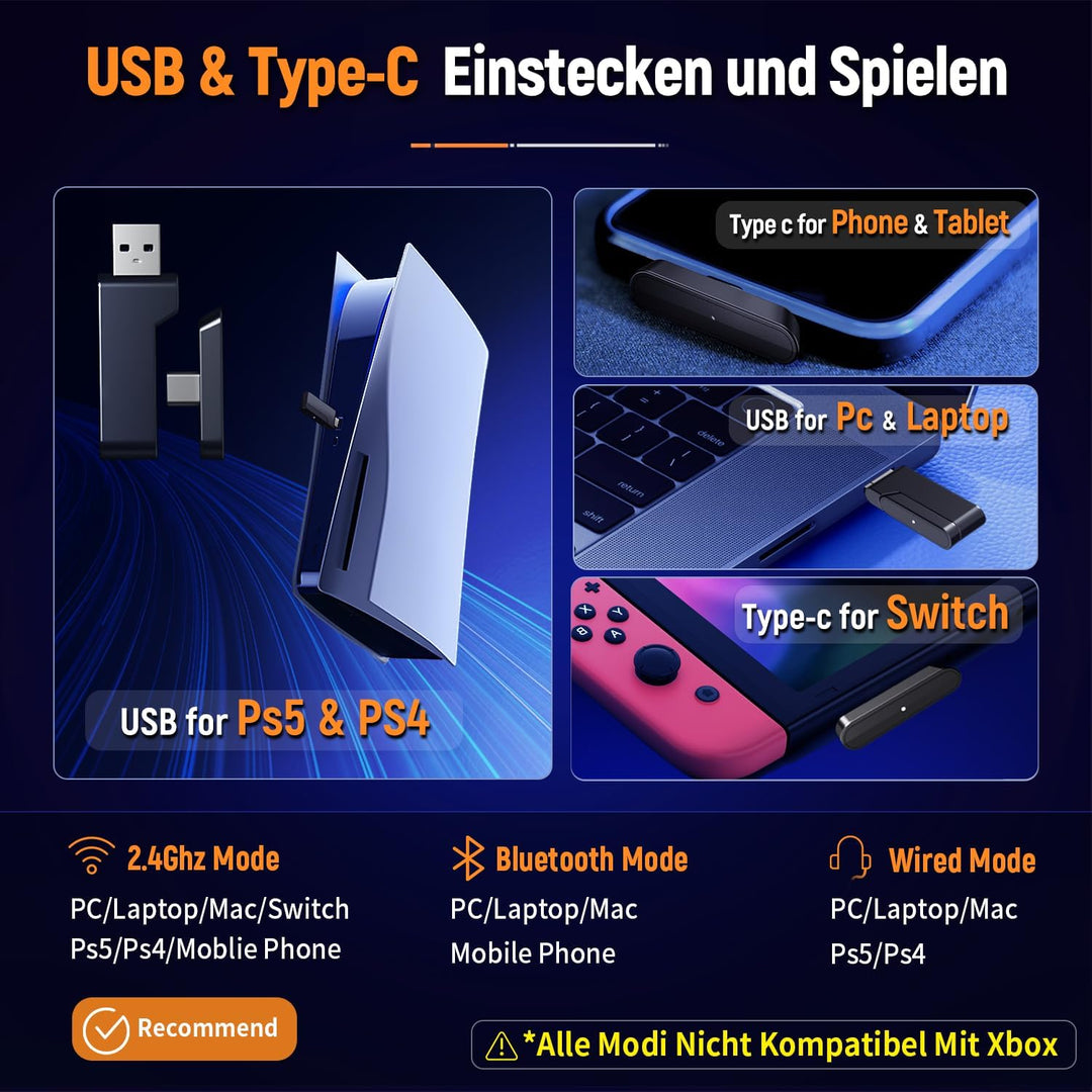 Ozeino OW810 Gaming Headset, Type-C & USB Schnittstelle 2.4GHz Wireless Headset mit, Bluetooth Heads