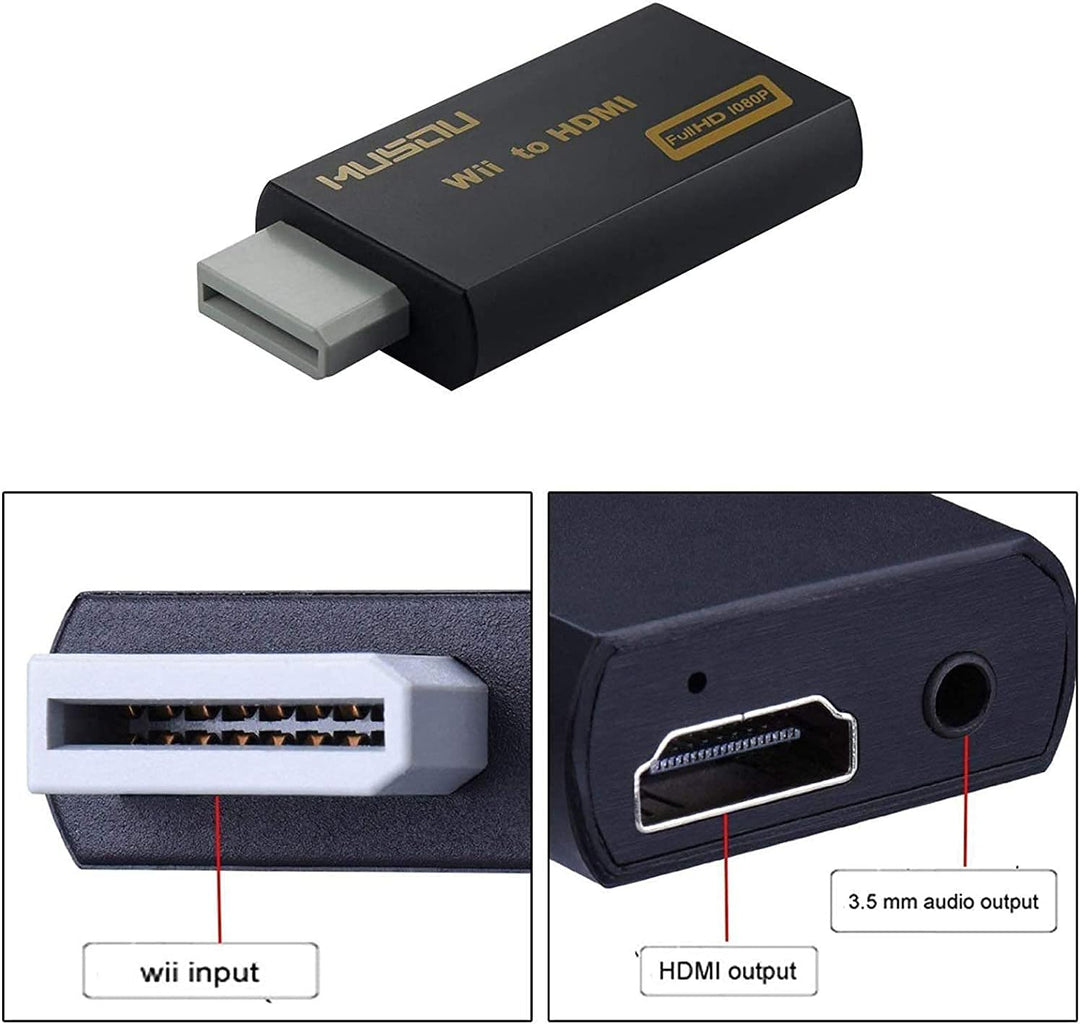 Adapter Wii auf HDMI Videosignal, Konverter Full HD 1080p mit Audio Ausgang Klinke 3,5 mm, Schwarz