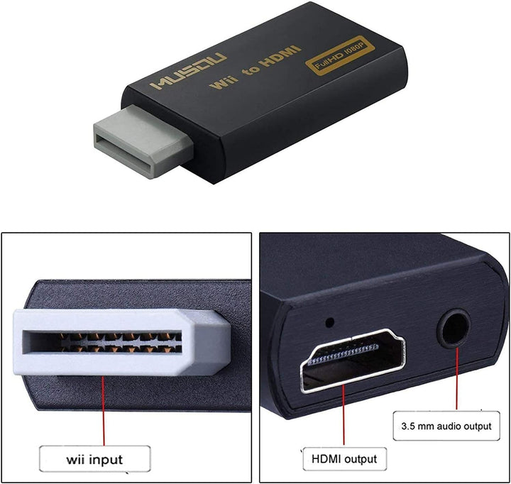 Adapter Wii auf HDMI Videosignal, Konverter Full HD 1080p mit Audio Ausgang Klinke 3,5 mm, Schwarz