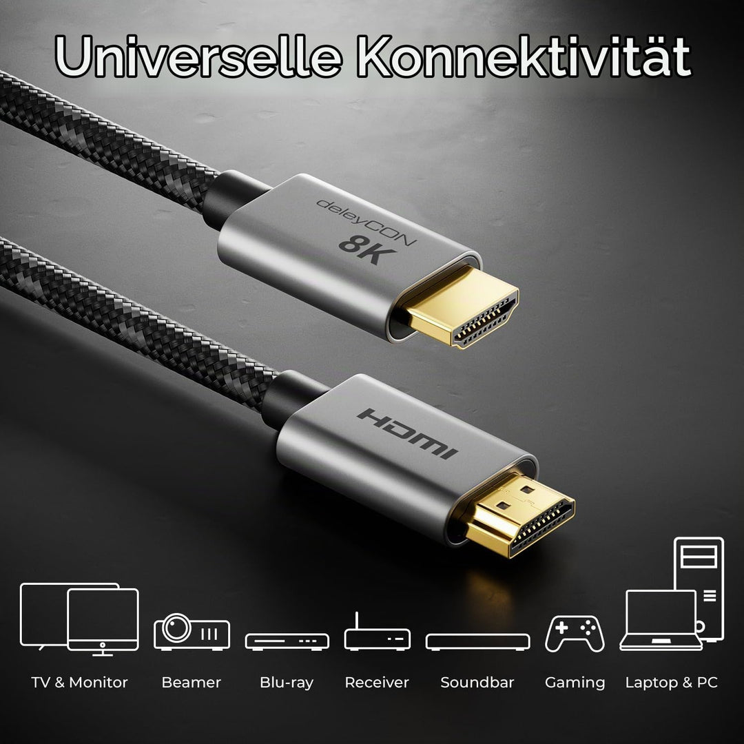 deleyCON 8K HDMI 2.1 Kabel 7,5m - für TV, Monitor, PS4, PS5, Xbox, Dolby Atmos Soundbar eARC, HDR10+