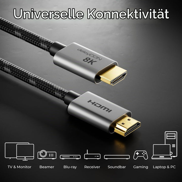 deleyCON 8K HDMI 2.1 Kabel 7,5m - für TV, Monitor, PS4, PS5, Xbox, Dolby Atmos Soundbar eARC, HDR10+