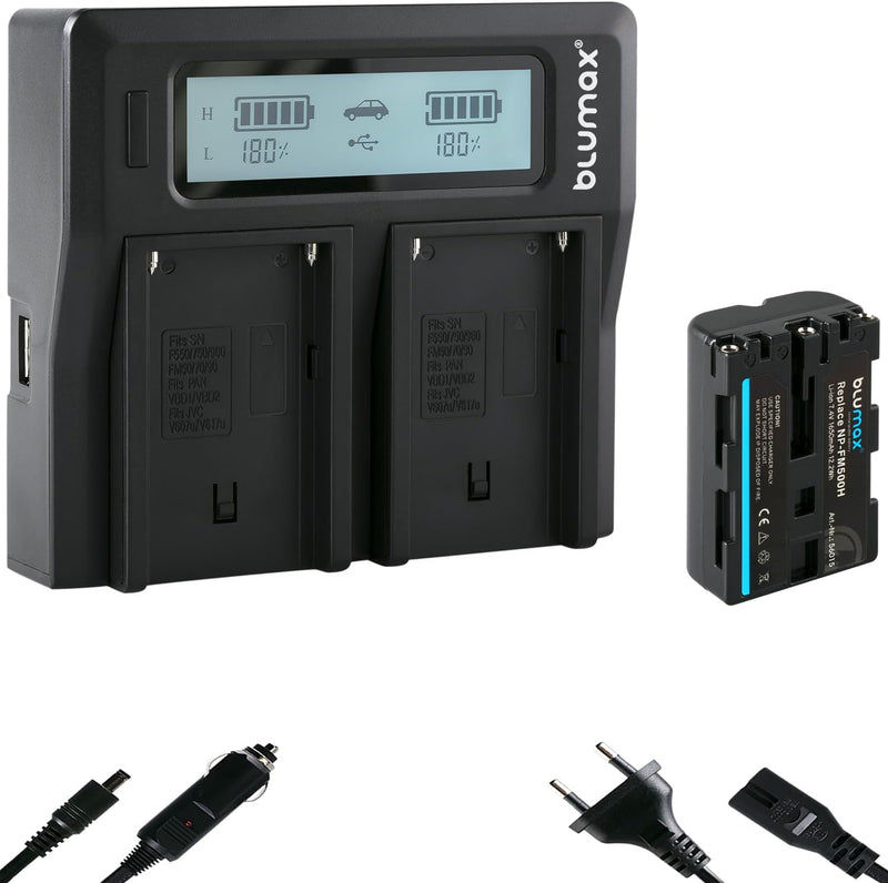 Blumax Akku NP-FM500H 1650mAh + Doppelladegerät NP-FM-500H Dual Charger | passend zu Sony Alpha A57