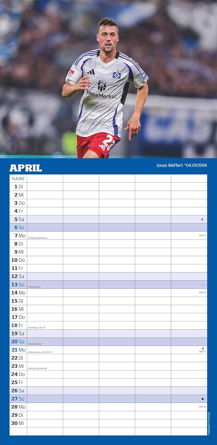 N NEUMANNVERLAGE - Hamburger SV 2025 Fan-Timer, 22x45cm, Fussball-Familienplaner mit 5 Spalten und M