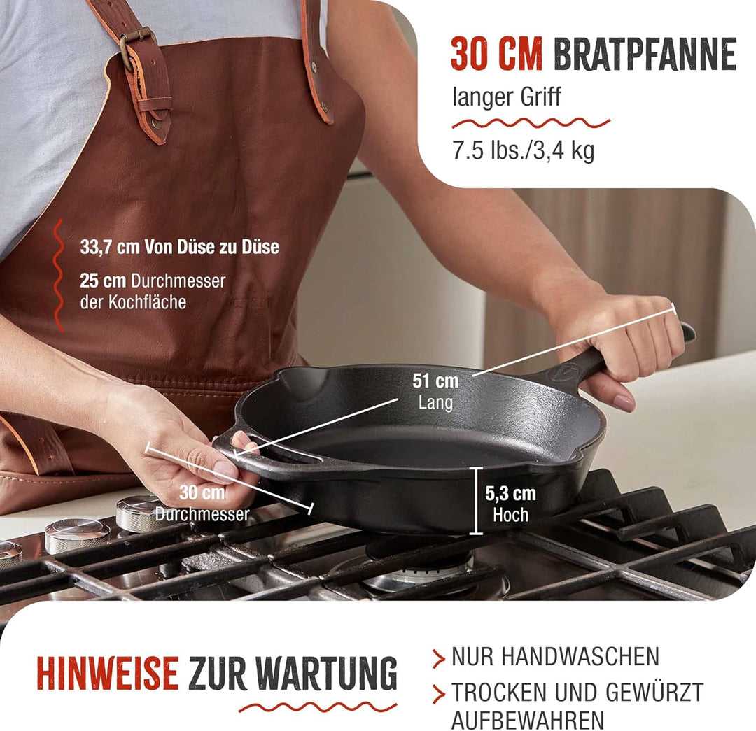 VICTORIA Bratpfanne Gusseisenpfanne Eingebrannte, Induction 30cm Geeignet für Feuer, Grill, Backofen