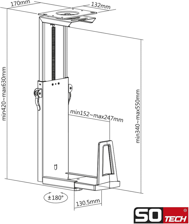 SOTECH Unterbau PC-Halter III mit 360-Grad-Drehung (Höhenverstellung 340–550 mm, Breitenverstellung