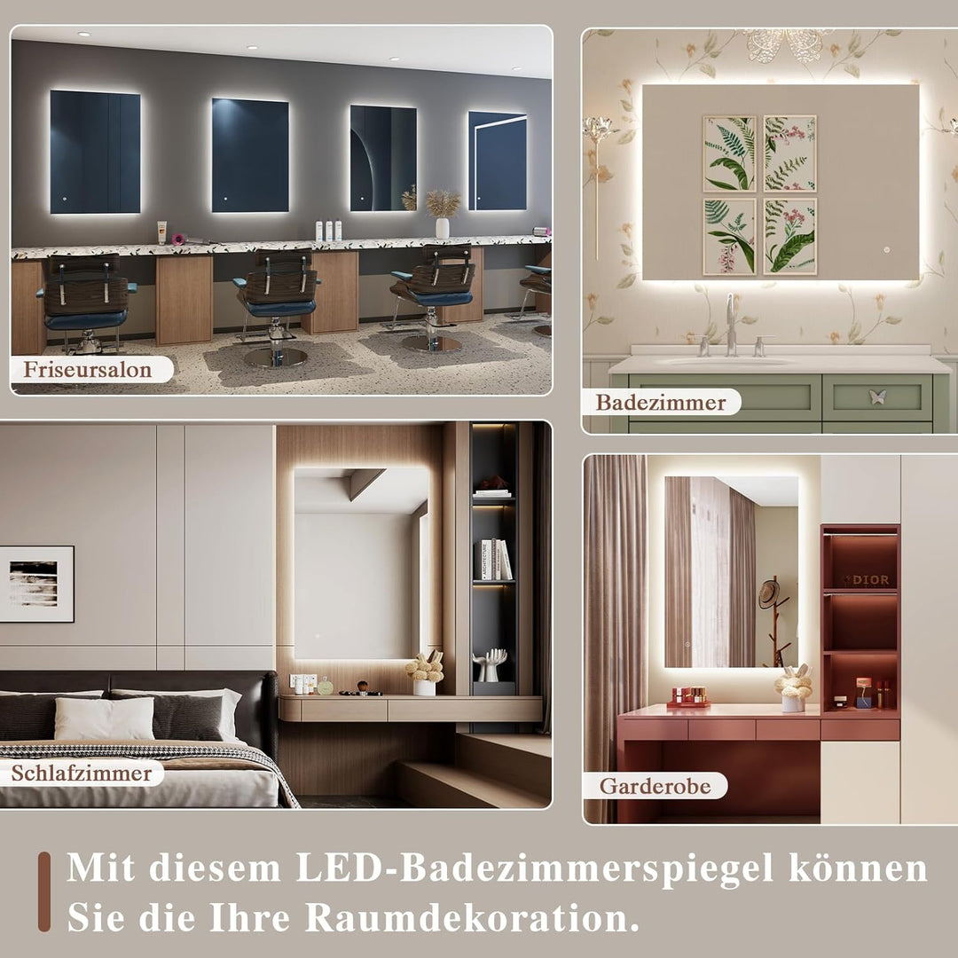 Badspiegel-mit-Beleuchtung 80x60cm - Badezimmerspiegel LED Badezimmer Spiegel mit Beleuchtung, Touch