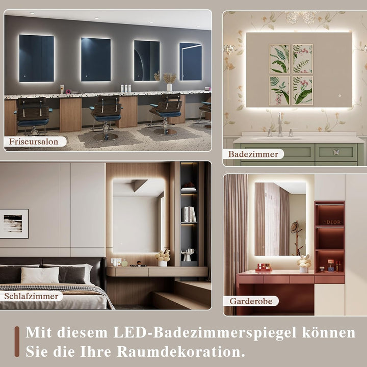 Badspiegel-mit-Beleuchtung 80x60cm - Badezimmerspiegel LED Badezimmer Spiegel mit Beleuchtung, Touch
