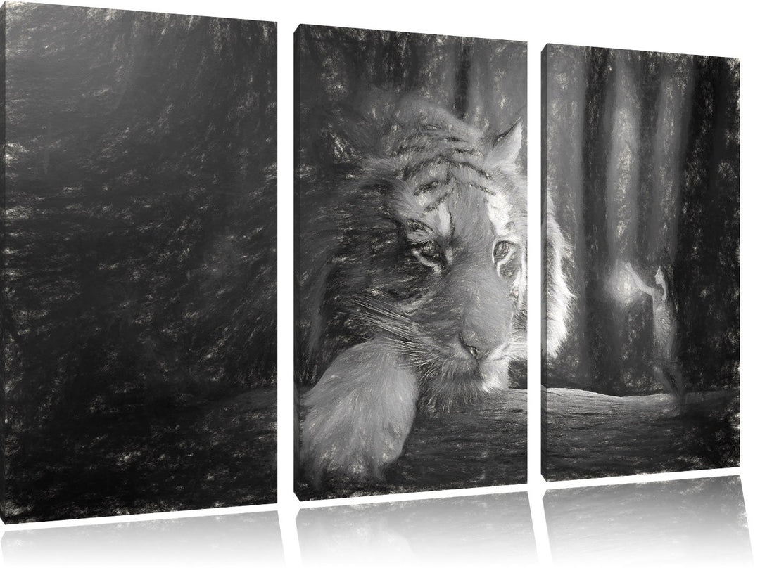 Pixxprint EIN Fantasy-Welt - eine Frau und EIN Riesen-Tiger Kunst Kohle Effekt 3-Teiler Leinwandbild