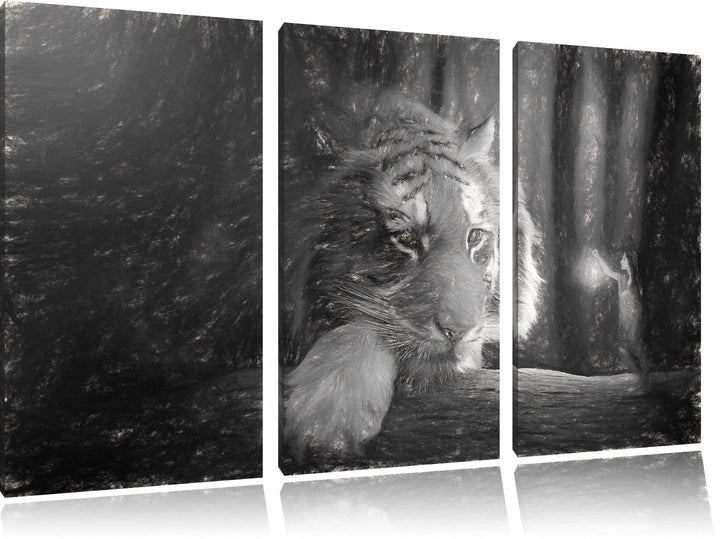 Pixxprint EIN Fantasy-Welt - eine Frau und EIN Riesen-Tiger Kunst Kohle Effekt 3-Teiler Leinwandbild