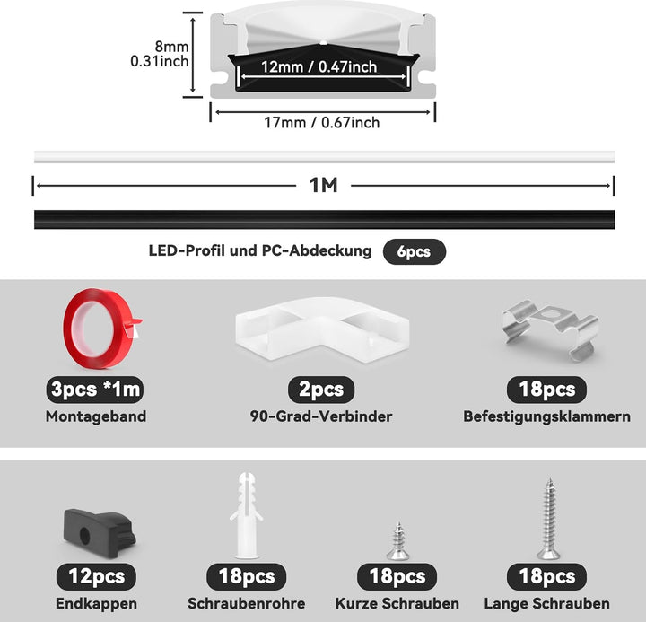 HOMMAND 6 x 1m/3,3ft LED Profil U-Form, LED Leiste Profil und Diffusor, LED Streifen Kanal mit Eckve