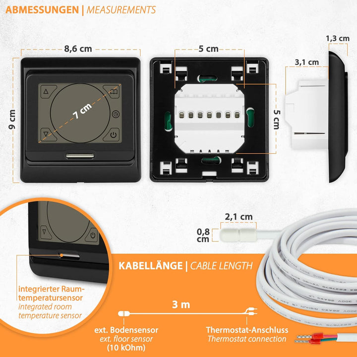 E91 Digital-Thermostat Raumregler mit Touch-Display und EXT. Sensor 10kOhm, für Fussbodenheizung ele