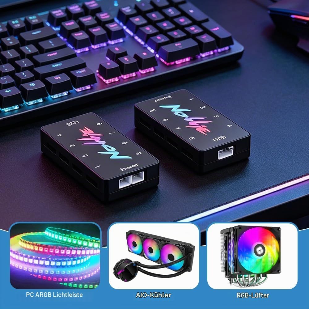 ARGB Controller, HOVCEH 5V 3PIN RGB Controller, PC Fan Hub mit 2 SATA Power 8 Port, RISC-V-Kernproze