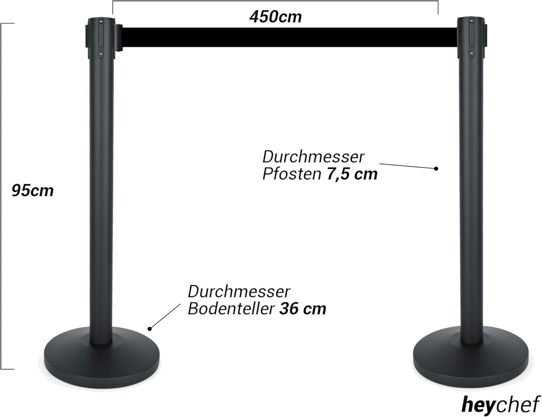 heyChef - 2er-Set | 450cm Gurtband schwarz extra-lang, Absperrpfosten Edelstahl pulverbeschichtet sc