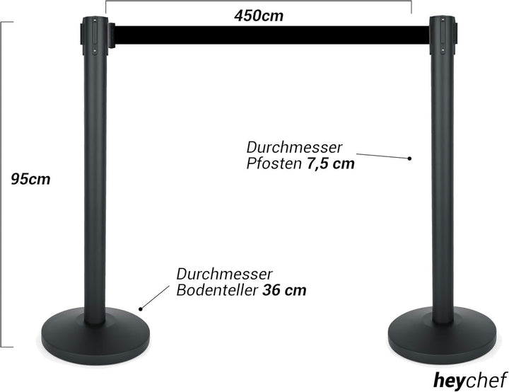 heyChef - 2er-Set | 450cm Gurtband schwarz extra-lang, Absperrpfosten Edelstahl pulverbeschichtet sc