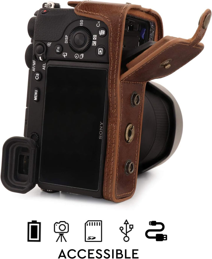 MegaGear Ever Ready Echtleder Kameratasche mit Trageriemen kompatibel mit Sony Alpha A6600 Dunkelbra