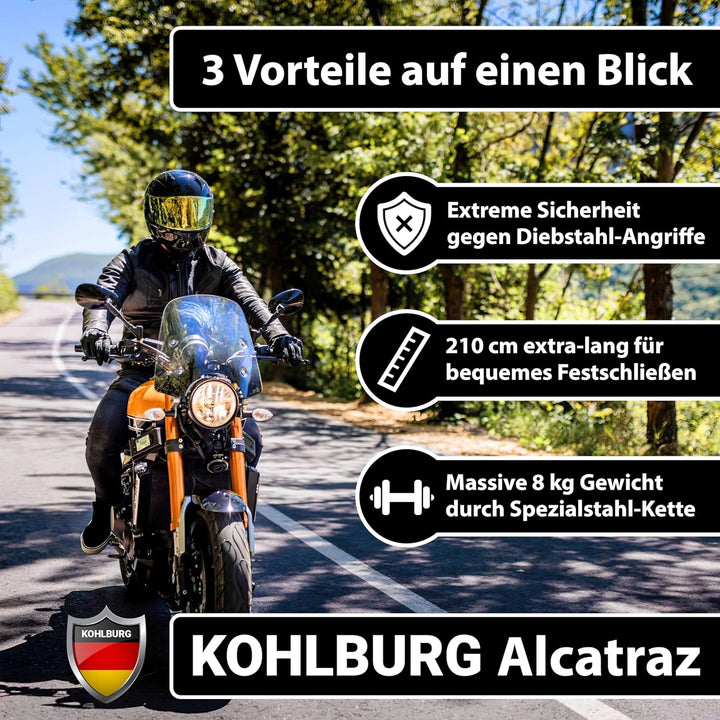 KOHLBURG 8kg massives 210cm VdS Sicherheits- Motorradschloss Typ Alcatraz, 13mm Spezialstahl-Kette,